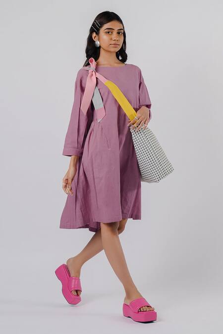 Tussah By Siddhi Shah Purple Cotton Round Neck Cutwork Detail Dress at Aza Fashions Tussah By Siddhi Shah_Purple Cotton Round Neck Cutwork Detail Dress _at_Aza_Fashions