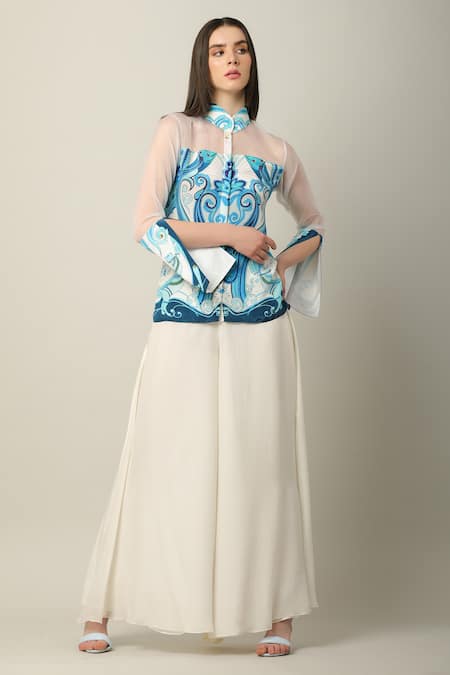 Shop_Limerick by Abirr N' Nanki_White Georgette Plain Olidiya Flared Pant  _Online_at_Aza_Fashions