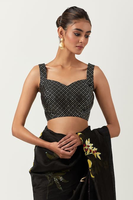 Shop Label Earthen Black Silk, Organza Embroidery Sweetheart Neck Jugnu Patchwork Saree With Blouse Online at Aza Fashions Shop_Label Earthen_Black Silk, Organza Embroidery Sweetheart Neck Jugnu Patchwork Saree With Blouse _Online_at_Aza_Fashions