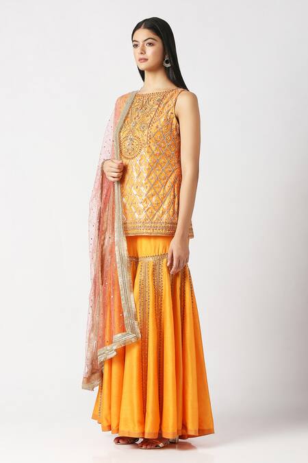 Shop_Labbada_Yellow Kurta Pure Silk Hand Embroidered Marodi Boat Short Sharara Set_Online_at_Aza_Fashions