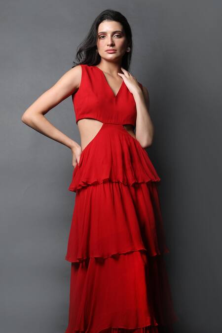 Swatee Singh_Red Georgette V-neck Solid Ruffle Tiered Dress _at_Aza_Fashions