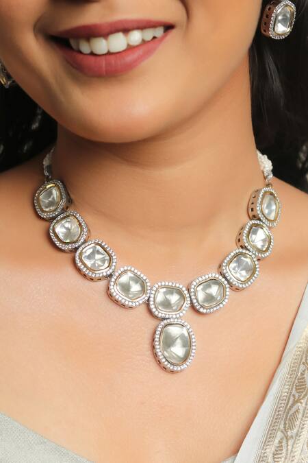 Ishhaara Silver Plated Stones Kundan Embellished Necklace Set at Aza Fashions Ishhaara_Silver Plated Stones Kundan Embellished Necklace Set _at_Aza_Fashions