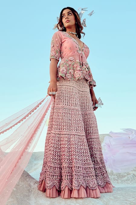 Nikita Vishakha_Pink Net, Mohair Metallic Thread, Embroidery, Hand Blouse And Mesh Lehenga Set _at_Aza_Fashions