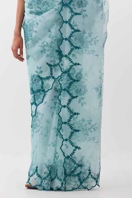 Amisha Kothari_Blue Organza, Embroidery High Neck Dori Border Saree _at_Aza_Fashions