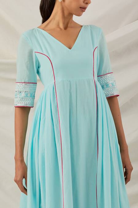 The Indian Cause_Blue Cotton Embroidery V-neck Fit And Flare Anarkali With Palazzo_at_Aza_Fashions
