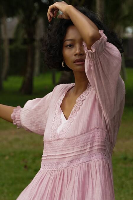 Baju_Purple 40% , 60% , Chanderi Lace Rosa Layered Maxi Dress_at_Aza_Fashions