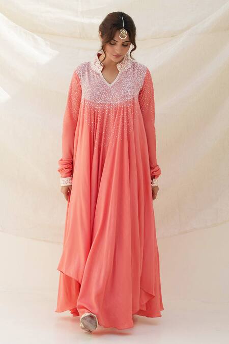 Kanika Sharma_Coral Modal Pearls, Sequins, Zari V-neck And Embroidered Anarkali Set _at_Aza_Fashions