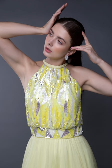 Anjum Qureshi_Yellow Organza Embroidery Sequin Halter Neck Bodice Gown _at_Aza_Fashions