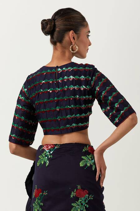 Shop_Label Earthen_Blue Chanderi Silk Embroidery Round Neck Phool Pathi Saree With Blouse 