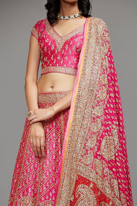 RI.Ritu Kumar Orange Satin Silk Printed Paisley Floral V Neck Embroidered Bridal Lehenga Set at Aza Fashions RI.Ritu Kumar_Orange Satin Silk Printed Paisley Floral V Neck Embroidered Bridal Lehenga Set _at_Aza_Fashions