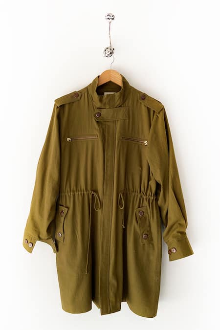 Kharakapas_Green Twill Collared Ash Tree Parka Jacket _at_Aza_Fashions