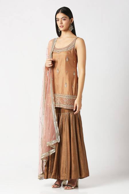 Shop_Labbada_Brown Kurta Pure Silk Hand Embroidered Marodi Scoop U Neck Short Sharara Set_Online_at_Aza_Fashions