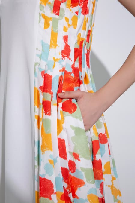 Pocketful Of Cherrie_White Crepe V-neck Placement Color Splash Print Dress_Online_at_Aza_Fashions