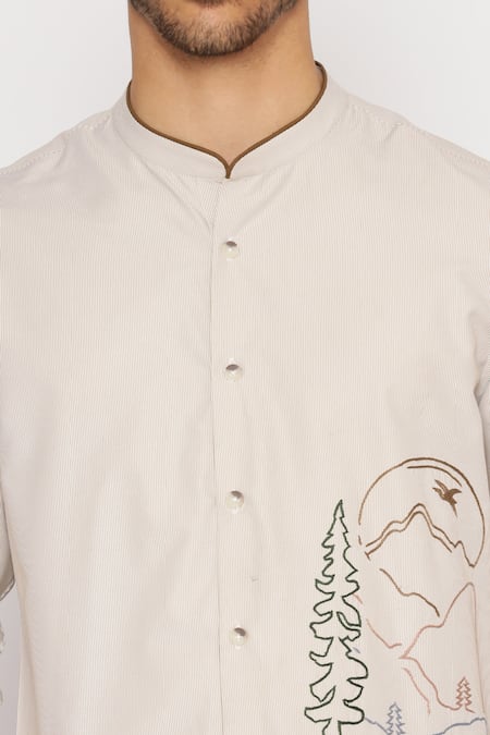Lacquer Embassy_Beige Cotton Embroidery Lambeth Striped Pattern Shirt _at_Aza_Fashions