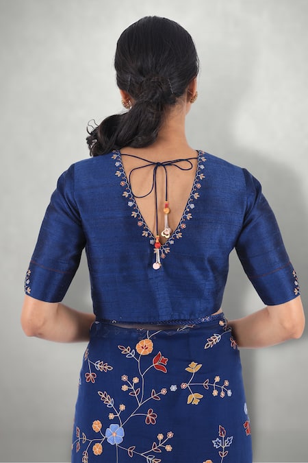 Shop I Am Design Blue Raw , Organza Aari Crew Neck Embroidered Saree With Blouse at Aza Fashions Shop_I Am Design_Blue Raw , Organza Aari Crew Neck Embroidered Saree With Blouse _at_Aza_Fashions