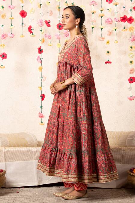 Marche_Peach Cotton V Neck Hand Block Print Anarkali Set _at_Aza_Fashions