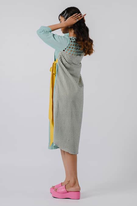 Shop Tussah By Siddhi Shah Green Cotton Bows Round Neck Contrast Detail Dress Online at Aza Fashions Shop_Tussah By Siddhi Shah_Green Cotton Bows Round Neck Contrast Detail Dress _Online_at_Aza_Fashions