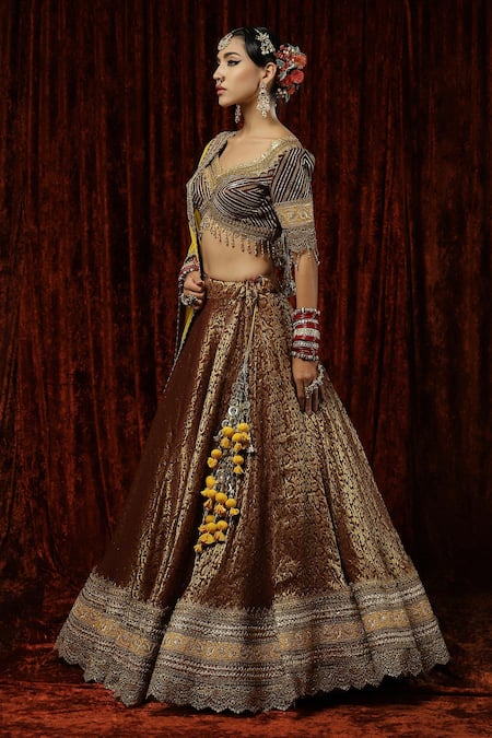 Shop Shikhar Sharma Maroon Lehenga Brocade Embroidered Gota Paan Shaped Floral Pattern Bridal Set Online at Aza Fashions Shop_Shikhar Sharma_Maroon Lehenga Brocade Embroidered Gota Paan Shaped Floral Pattern Bridal Set _Online_at_Aza_Fashions