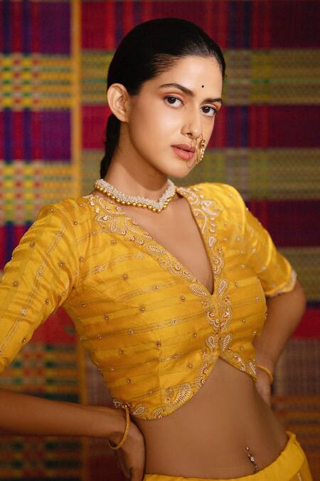 Deep Thee_Yellow Chanderi, Organza Embroidery V-neck Haldi Hand Lehenga Set _at_Aza_Fashions