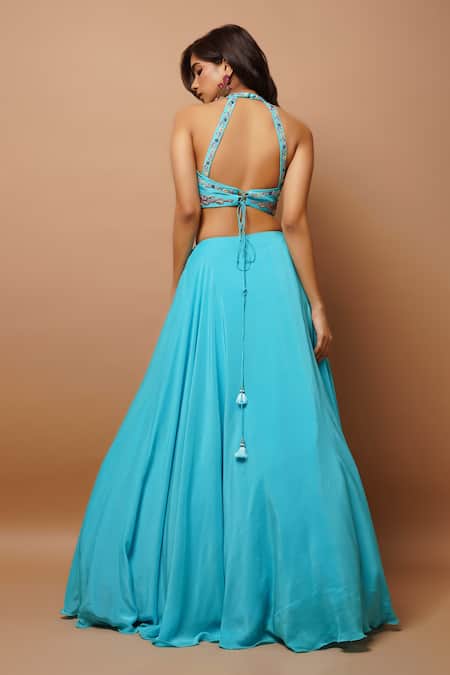 Shop Ahi Clothing Blue Crepe, Linen, Chiffon Cut Work, Zari, Hand Kimono Shrug And Lehenga Set Online at Aza Fashions Shop_Ahi Clothing_Blue Crepe, Linen, Chiffon Cut Work, Zari, Hand Kimono Shrug And Lehenga Set _Online_at_Aza_Fashions