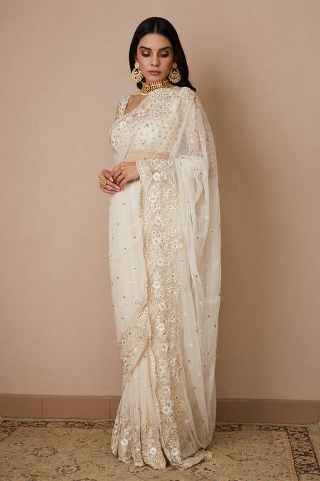 Astha Narang White Net, Crepe Sequins, Cut Work Embroidered Scallop Border Saree With Blouse at Aza Fashions Astha Narang_White Net, Crepe Sequins, Cut Work Embroidered Scallop Border Saree With Blouse _at_Aza_Fashions