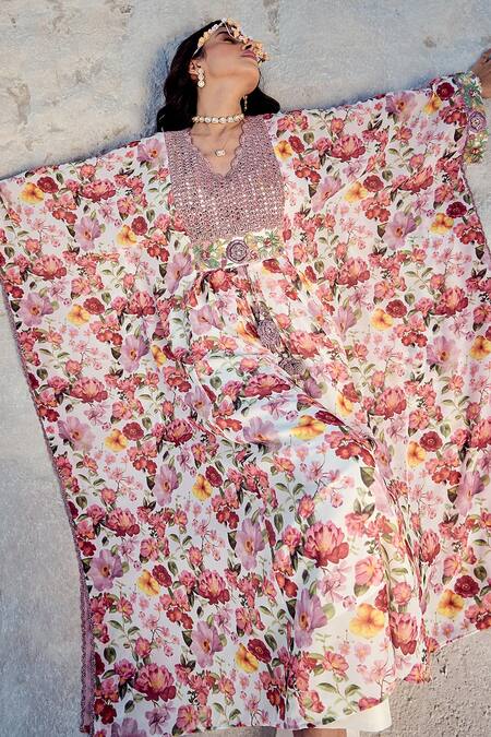 Nikita Vishakha_Purple V-neck Floral Printed Kaftan Set With Pant _at_Aza_Fashions