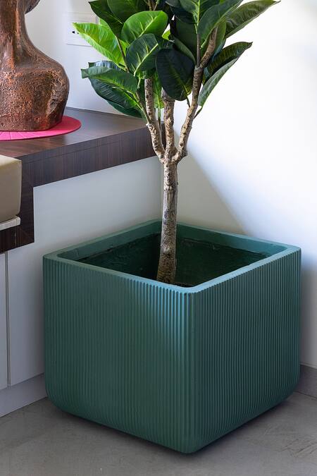 H2h_Green Frp Ribbed Square Planter_at_Aza_Fashions