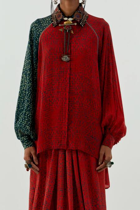 Buy_Aseem Kapoor_Red Natural Crepe Marodi, Zari Shirt Collar Atri And Draped Pant Set