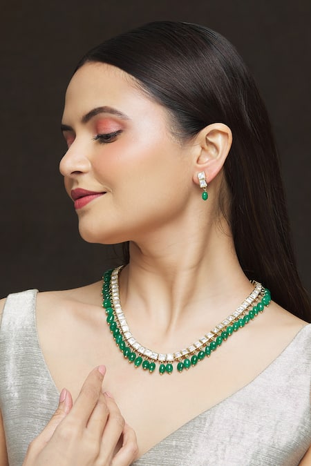 Ivorine_Gold Plated Embellished Stone Necklace Set _at_Aza_Fashions