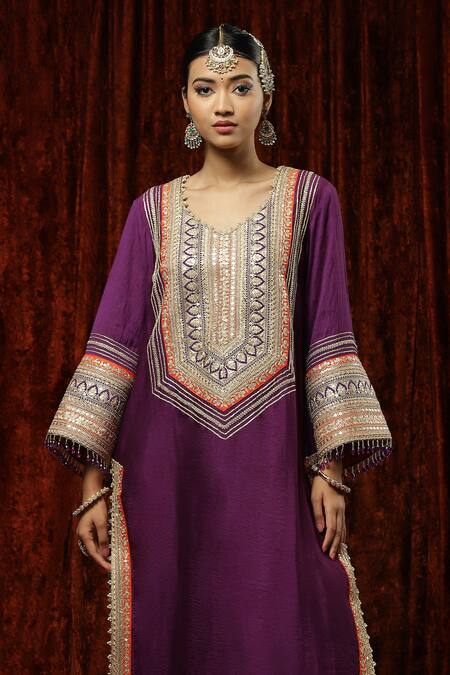 Shikhar Sharma Purple Silk Chanderi Embroidered Pearl Leaf Neck Full Sleeve Kurta Pant Set at Aza Fashions Shikhar Sharma_Purple Silk Chanderi Embroidered Pearl Leaf Neck Full Sleeve Kurta Pant Set _at_Aza_Fashions