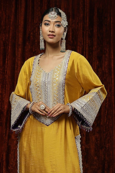 Shikhar Sharma Yellow Silk Chanderi Embroidered Pearl V Neck Kurta Pant Set at Aza Fashions Shikhar Sharma_Yellow Silk Chanderi Embroidered Pearl V Neck Kurta Pant Set _at_Aza_Fashions