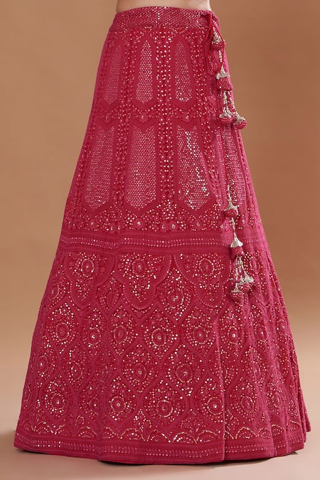 Buy_Two Sisters By Gyans_Pink Georgette, Net Sequins, Beads Round Neck Embroidered Lehenga Set _Online_at_Aza_Fashions
