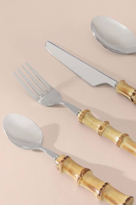 Table Manners_Silver Stainless Steel/wood Bamboo Cutlery Set_at_Aza_Fashions