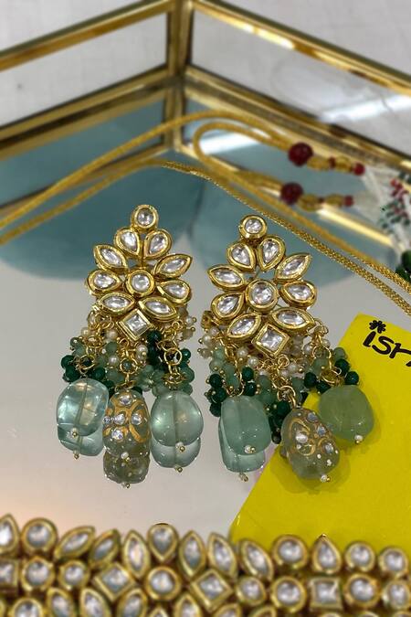 Shop Ishhaara Gold Plated Stones Kundan Green Dangler Earrings Online at Aza Fashions Shop_Ishhaara_Gold Plated Stones Kundan Green Dangler Earrings _Online_at_Aza_Fashions