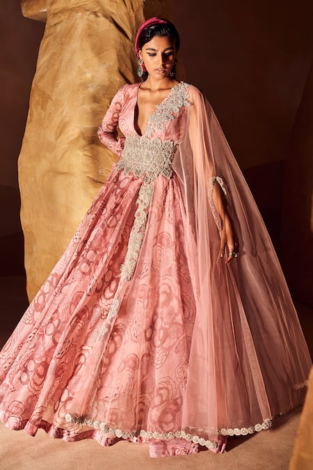 Bhumika Sharma Pink Organza Embroidery V-neck Bahaar Print Anarkali at Aza Fashions Bhumika Sharma_Pink Organza Embroidery V-neck Bahaar Print Anarkali _at_Aza_Fashions