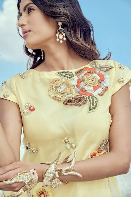 Nikita Vishakha_Yellow Silk Organza, Net Zari, Embroidery Boat Neck Zardozi Top And Pant Set _at_Aza_Fashions