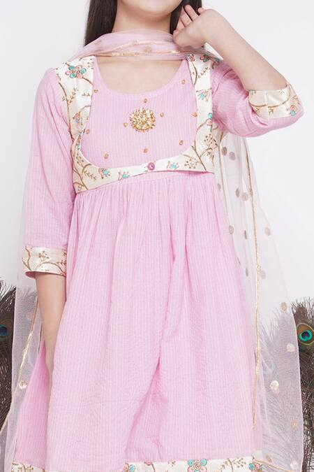 Little Bansi_Pink Cotton, Net Embroidery Kurta Sharara Set_at_Aza_Fashions
