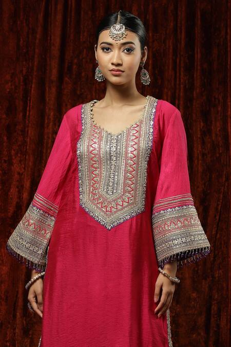 Shikhar Sharma Pink Silk Chanderi Embroidered Pearl Leaf Neck Kurta Pant Set at Aza Fashions Shikhar Sharma_Pink Silk Chanderi Embroidered Pearl Leaf Neck Kurta Pant Set _at_Aza_Fashions