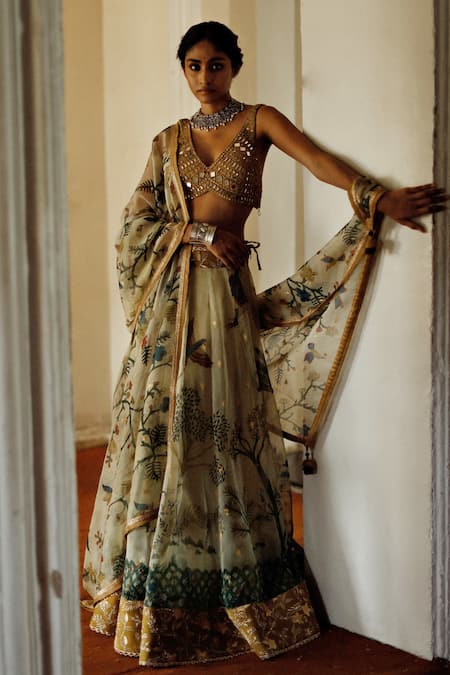 Buy_Archana Jaju_Green , Chanderi , Forest Kalamkari Bridal Lehenga Set