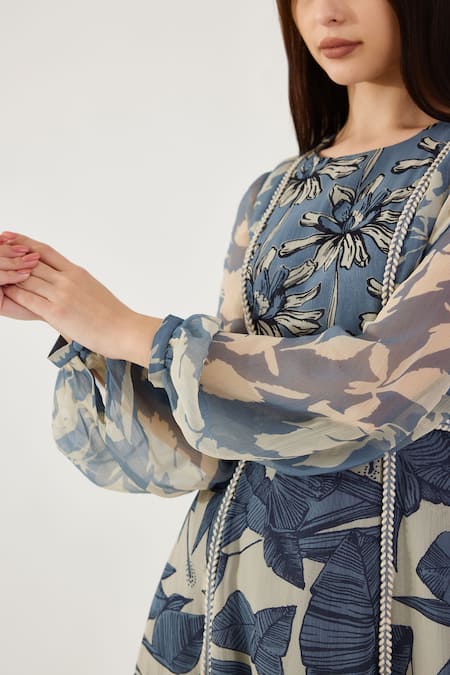 Koai_Blue Chiffon Embroidery Round Neck Floral Print Maxi Dress_at_Aza_Fashions