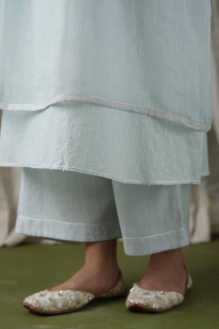 Kanika Sharma Sky Blue Kota Doria, Cotton, Denim Pearls, Embroidery Round Kurta And Palazzo Set at Aza Fashions Kanika Sharma_Sky Blue Kota Doria, Cotton, Denim Pearls, Embroidery Round Kurta And Palazzo Set _at_Aza_Fashions