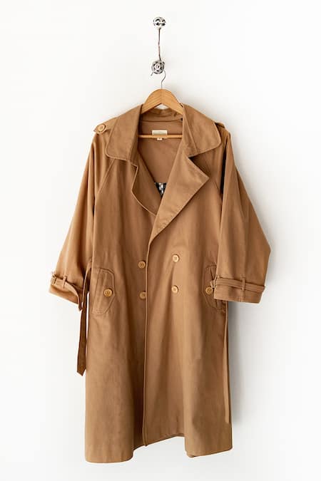 Kharakapas Brown Twill Collared Latte Trench Coat at Aza Fashions Kharakapas_Brown Twill Collared Latte Trench Coat _at_Aza_Fashions