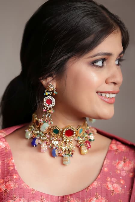Ishhaara Multi Color Stones Gold Navratna Choker Set Online at Aza Fashions Ishhaara_Multi Color Stones Gold Navratna Choker Set _Online_at_Aza_Fashions