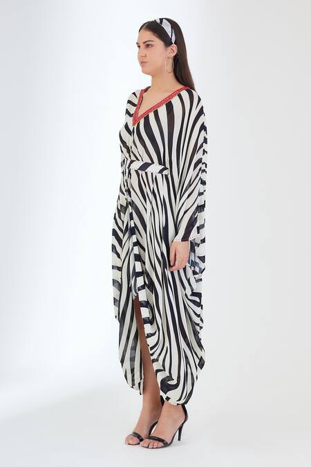 Nikasha_Black Viscose, Georgette Sequins, Embroidery V-neck Animal Print Kaftan Dress _at_Aza_Fashions