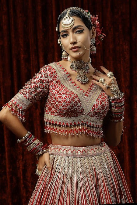 Shop_Shikhar Sharma_Red Silk, Chanderi, Net Beads, Embroidery, Gota Embellished Bridal Lehenga Set _Online_at_Aza_Fashions