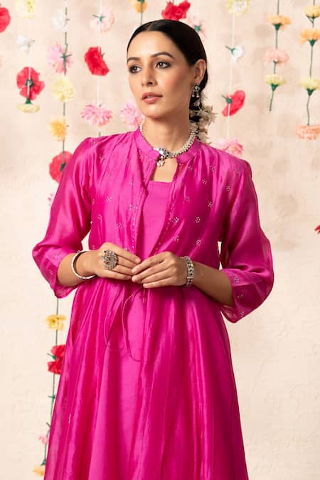Marche Pink Cape Chanderi, Inner And Pant Cotton Round Paneled & Set at Aza Fashions Marche_Pink Cape Chanderi, Inner And Pant Cotton Round Paneled & Set _at_Aza_Fashions