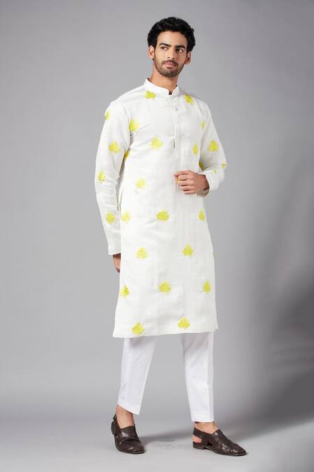 Shop_Hilo Design_White Cotton, Lycra, Linen, Satin Embroidery Mogra Kurta Set _Online_at_Aza_Fashions
