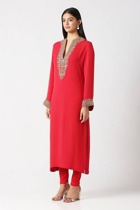 Shop_Labbada_Pink Viscose Georgette Hand Embroidered Marodi V Neck Yoke Kurta Set_Online_at_Aza_Fashions