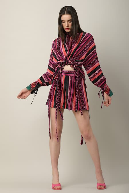 Shop Limerick By Abirr N' Nanki Multi Color Crepe Printed Stripe Jolene Shorts Online at Aza Fashions Shop_Limerick By Abirr N' Nanki_Multi Color Crepe Printed Stripe Jolene Shorts _Online_at_Aza_Fashions