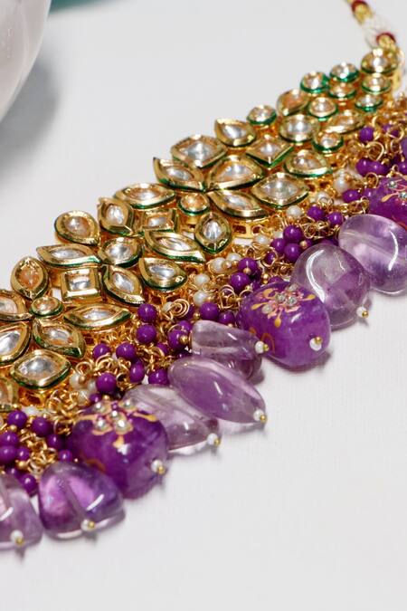 Shop_Ishhaara_Purple Stones, Beads Drop Choker Set _Online_at_Aza_Fashions